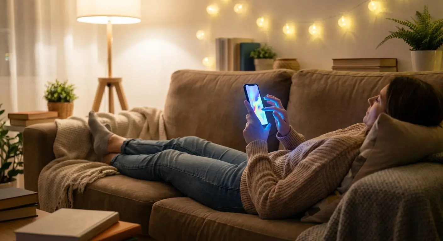 Utilizador a usar a app no sofá em ambiente descontraído