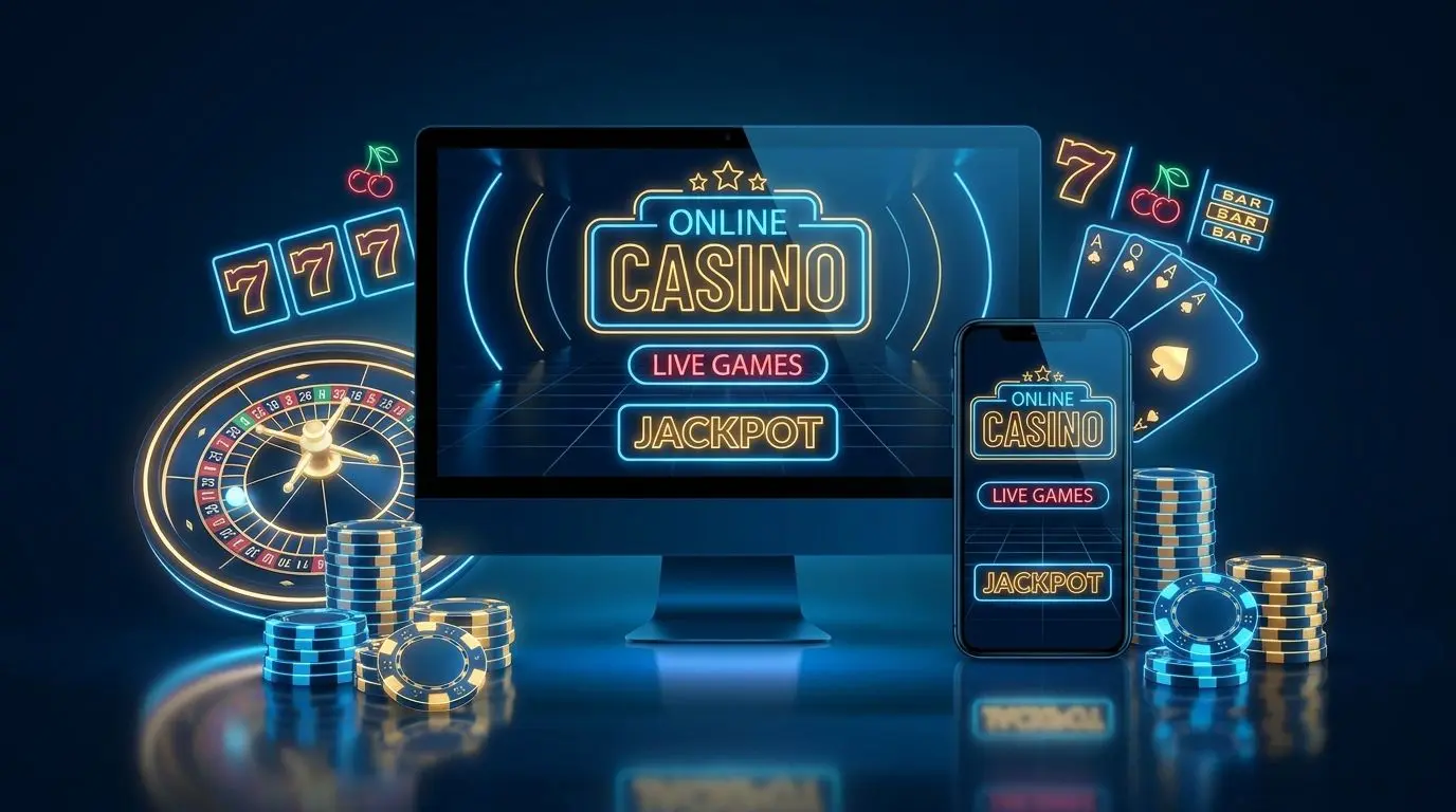 Visão geral de plataforma de jogo online com fichas, roleta e slots