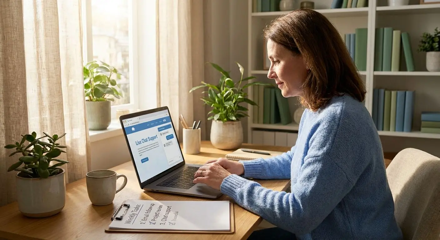 Utilizador em chat online com checklist de boas práticas