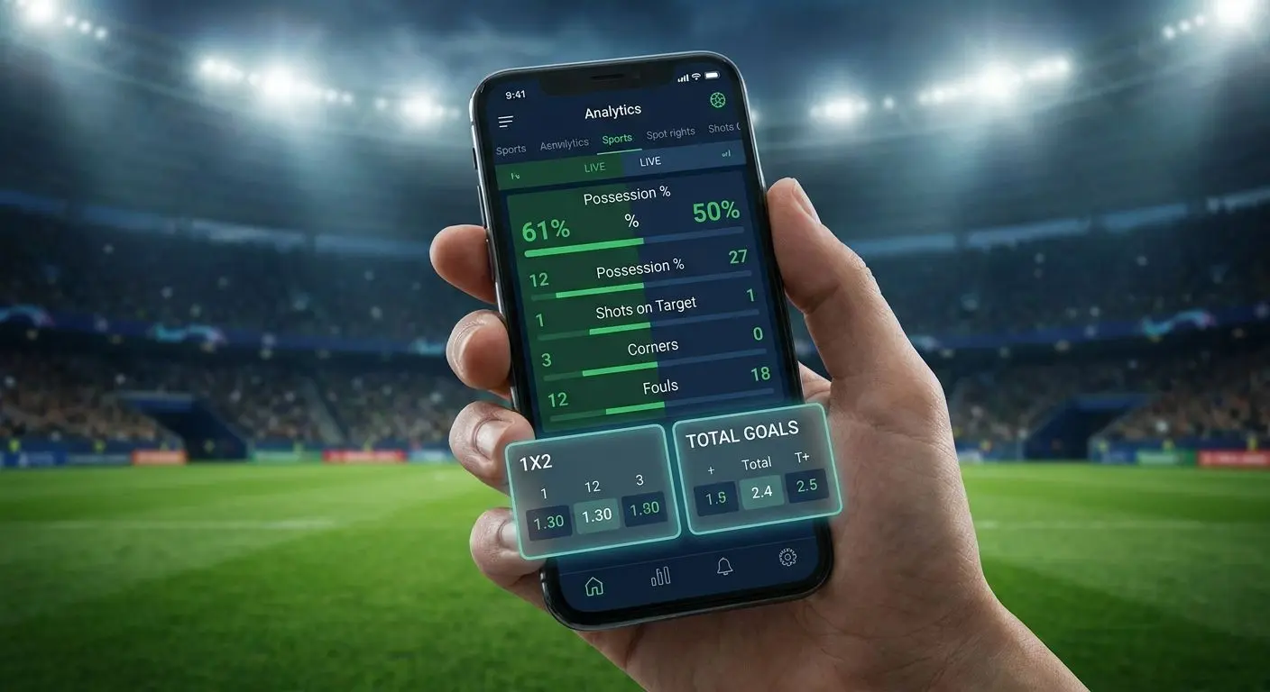 Experiência de apostas ao vivo no telemóvel Ecrã de smartphone com apostas ao vivo em futebol e mercados em tempo real