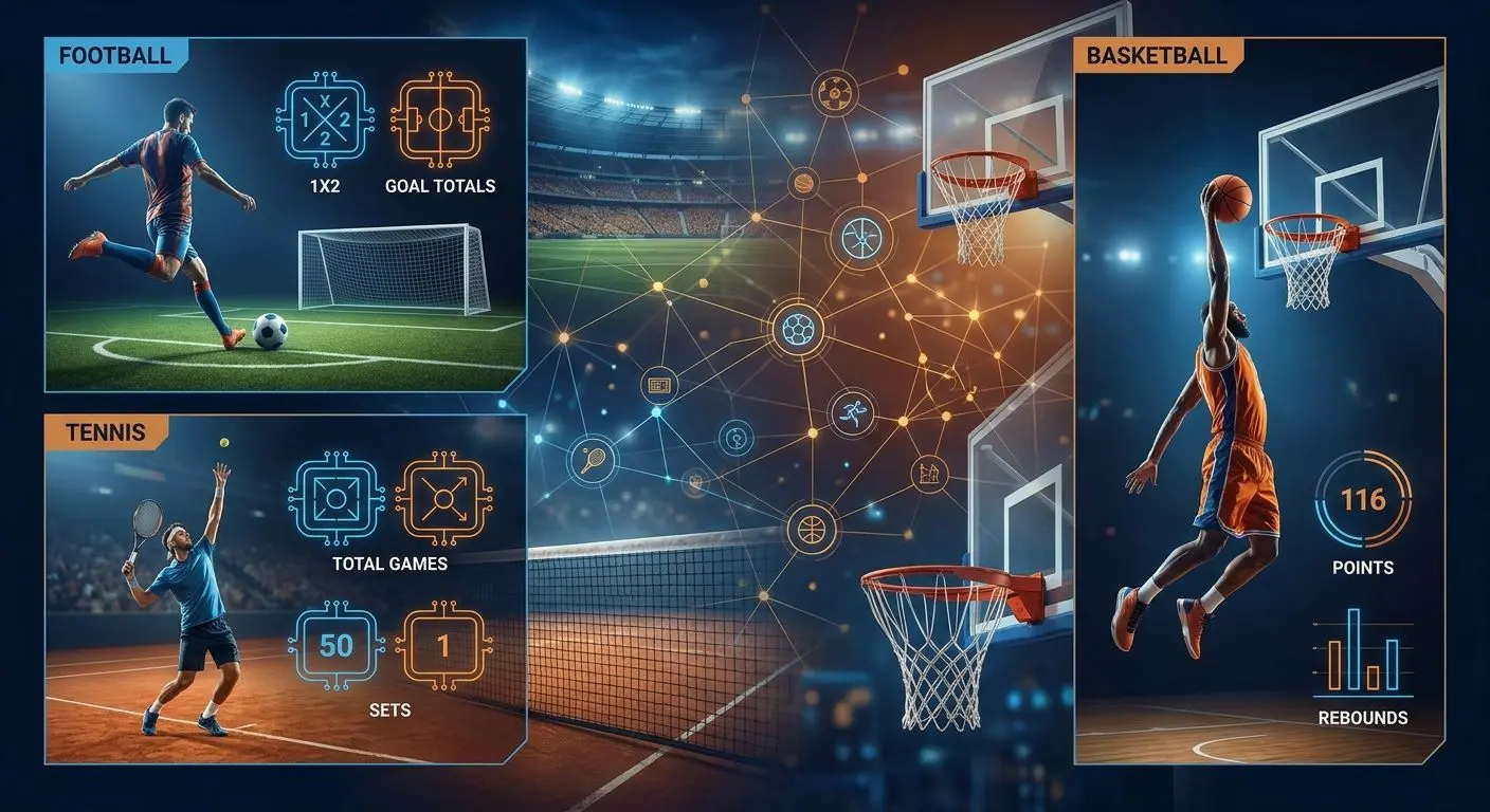 Modalidades e mercados desportivos Colagem de futebol, ténis e basquetebol com mercados desportivos em destaque