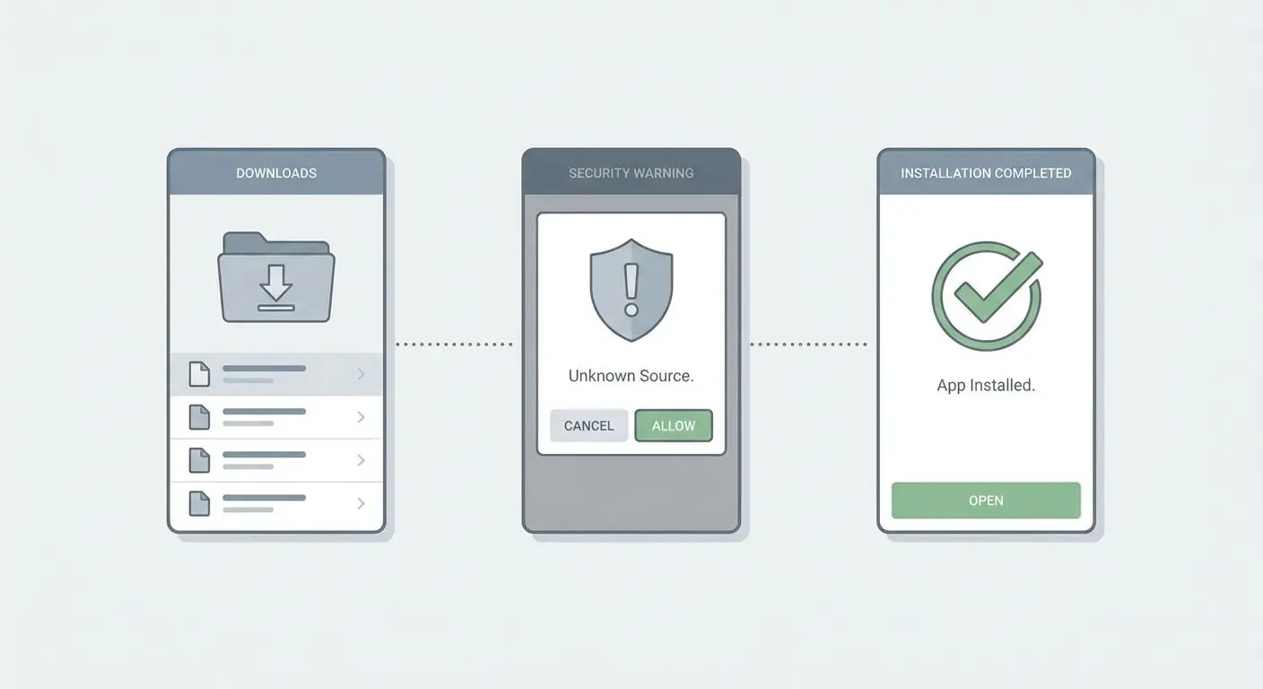 Sequência de instalação APK no Android com aviso de segurança e instalação concluída