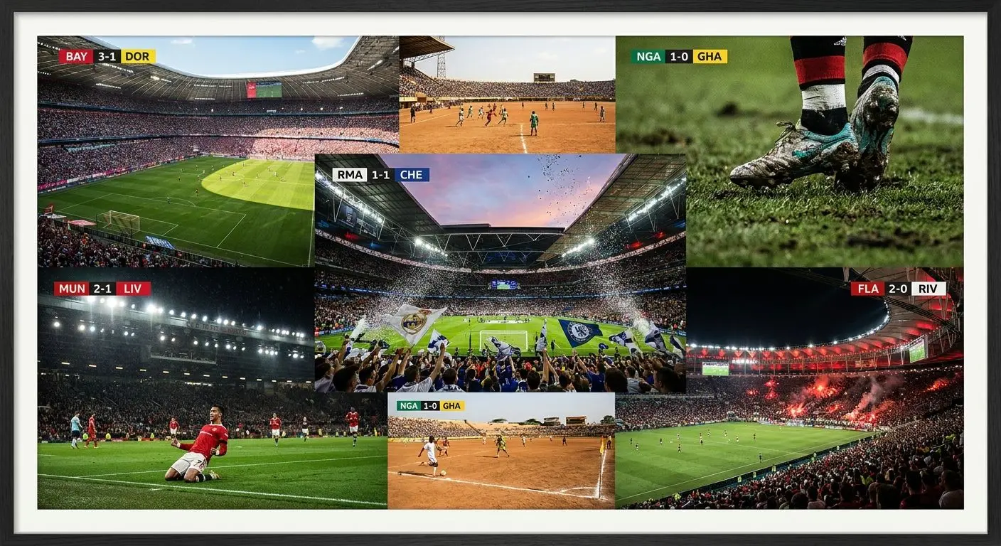 Colagem de estádios e jogos de futebol de várias competições