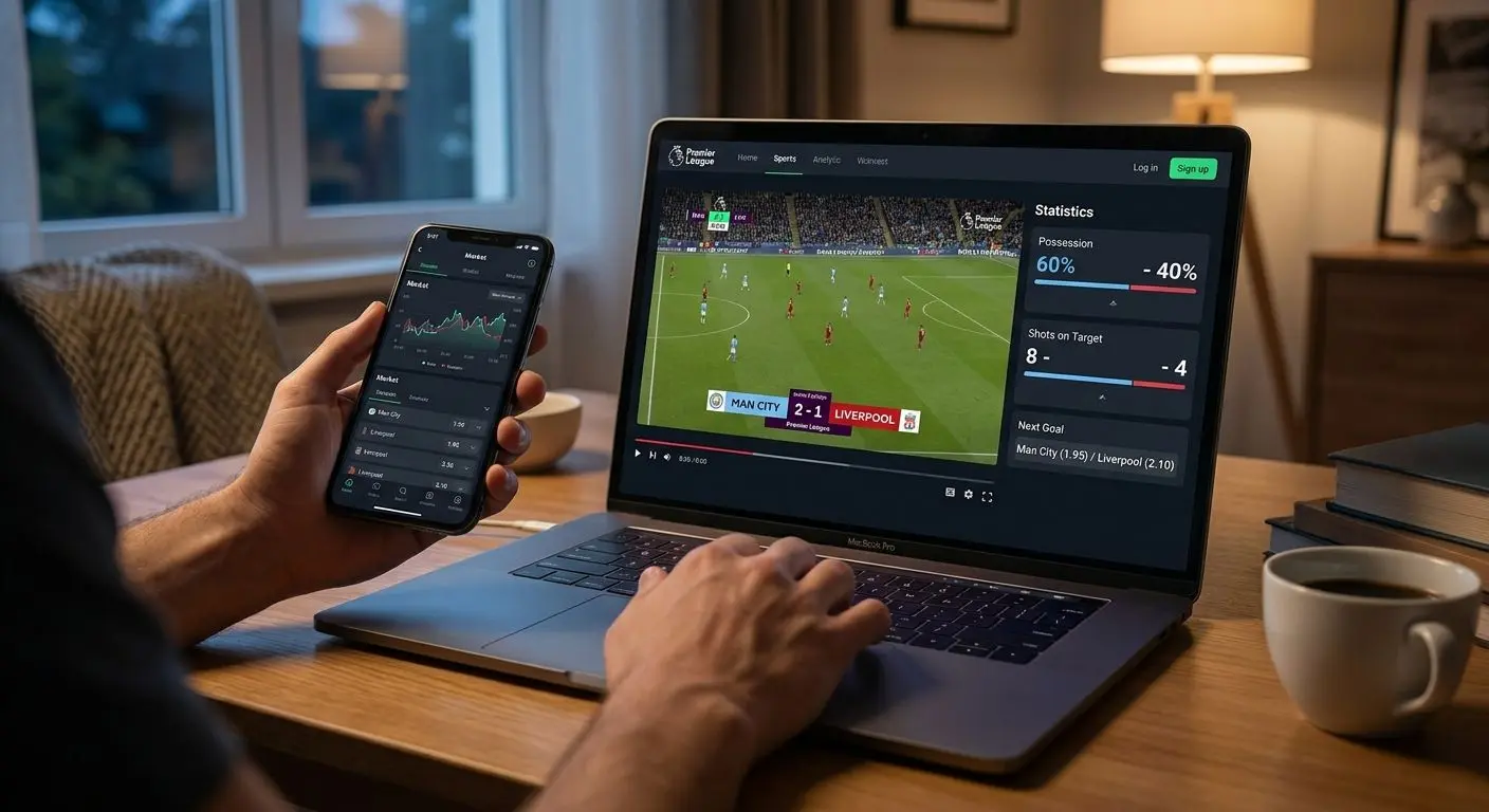 Interface de futebol ao vivo num portátil e smartphone