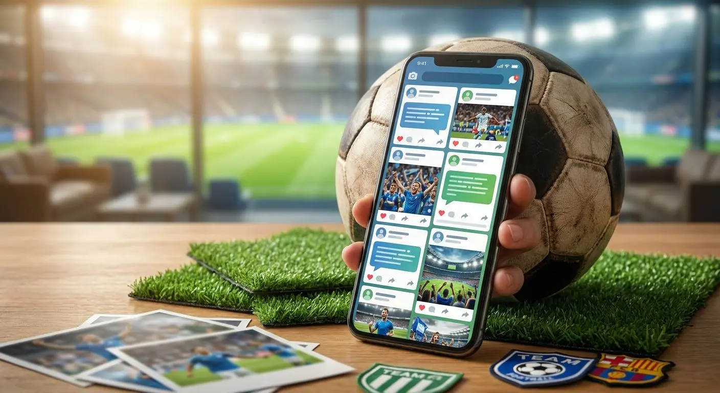 Redes sociais com tema de futebol e smartphone