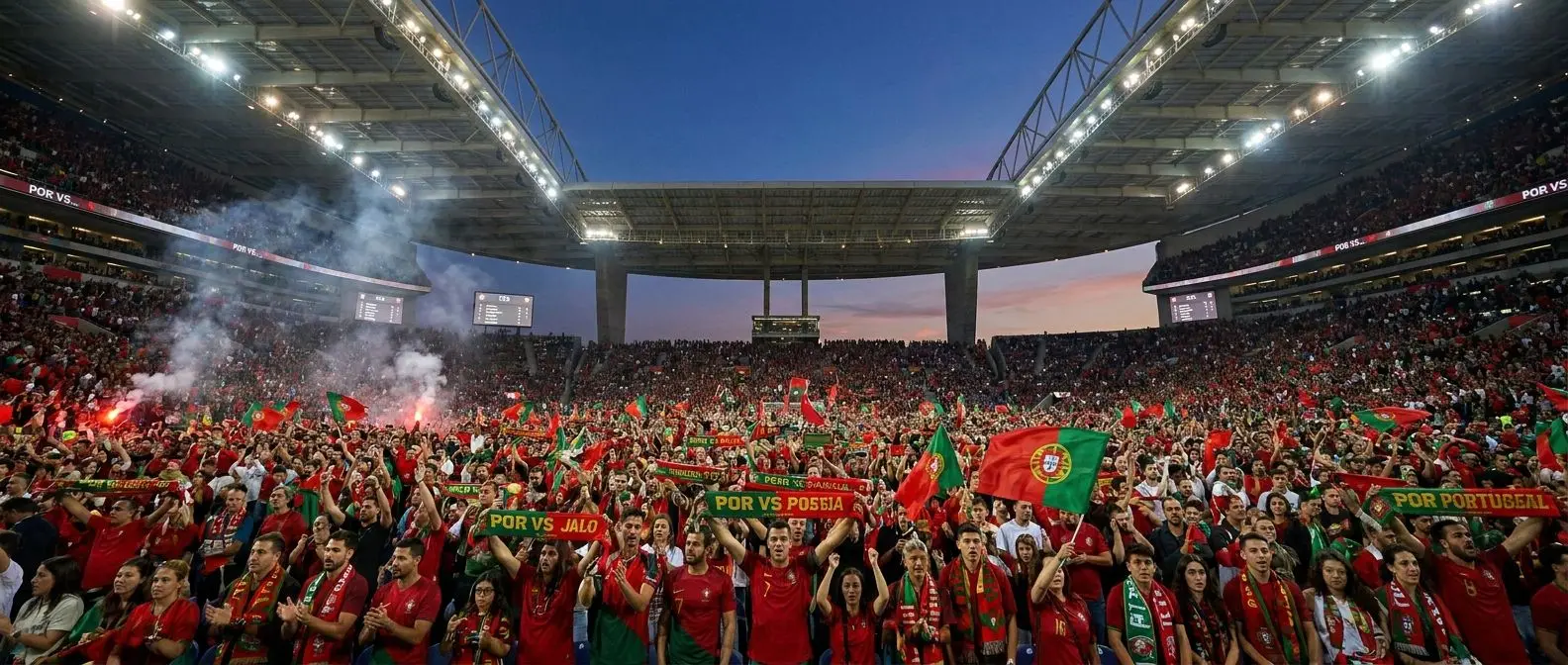 Ambiente de jogo da seleção portuguesa com adeptos e estádio