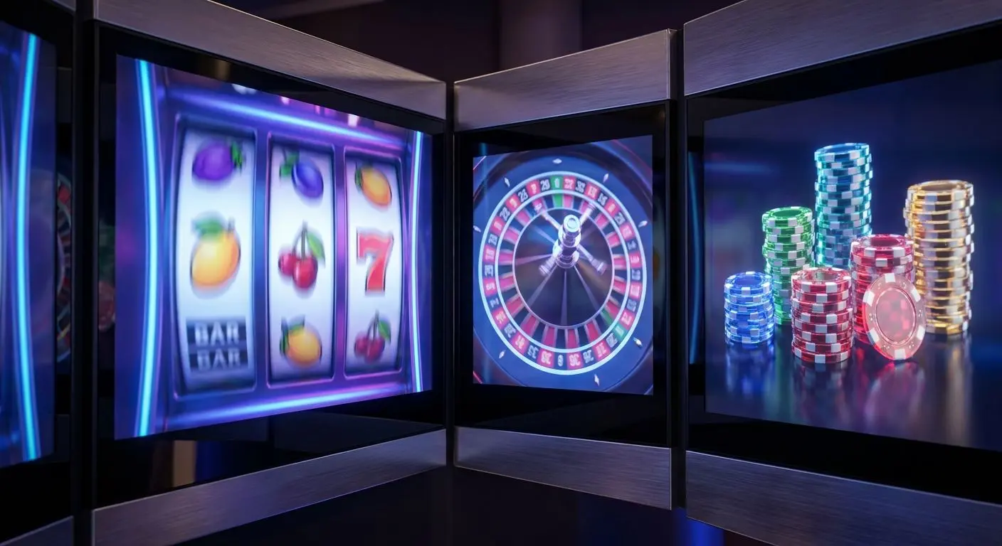 Bónus de casino e free spins em destaque Ecrãs de slots e roleta com fichas em ambiente digital