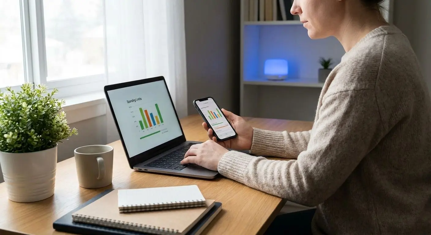 Utilizador a gerir orçamento e limites num ambiente digital sereno