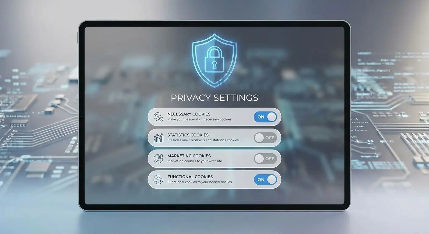 Interface de definições de cookies com categorias principais