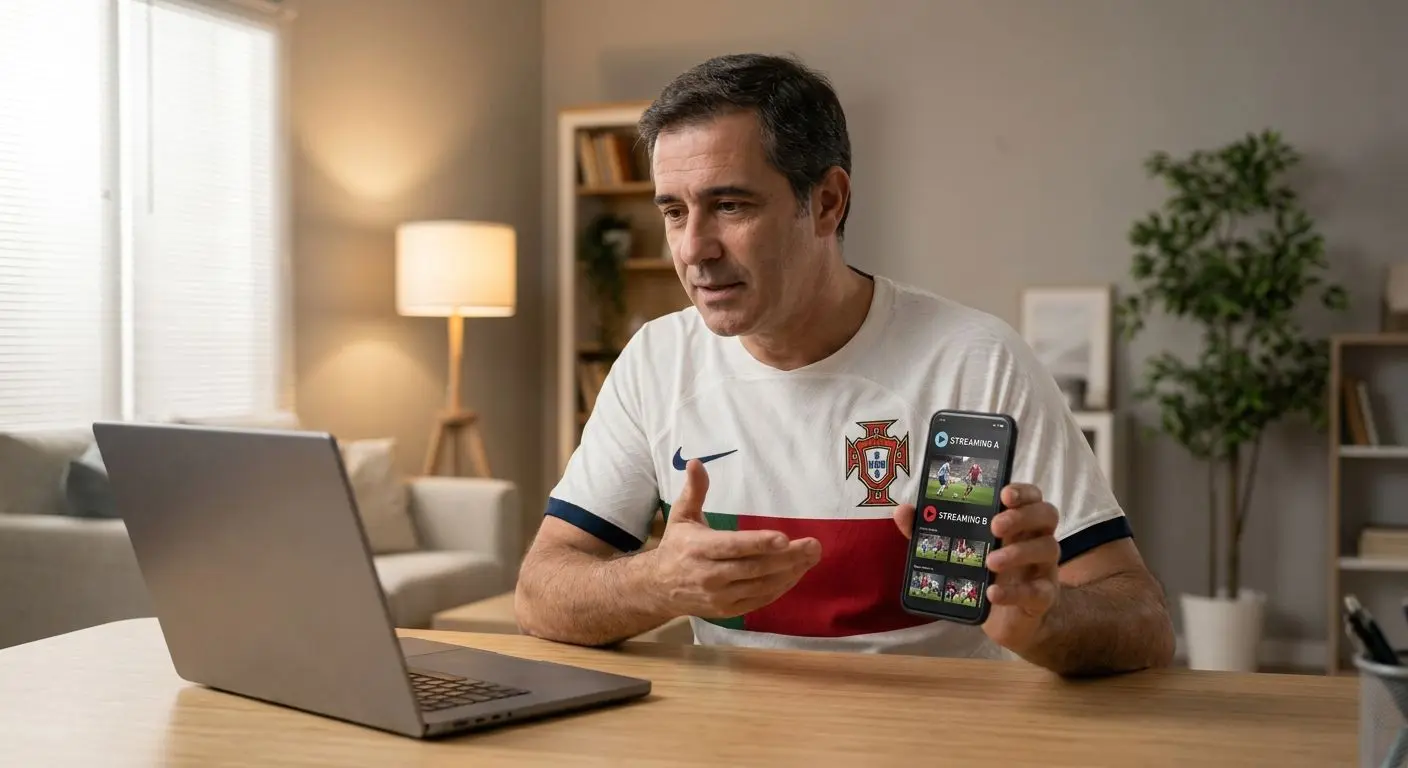 Pessoa a comparar opções para ver futebol online no portátil e telemóvel