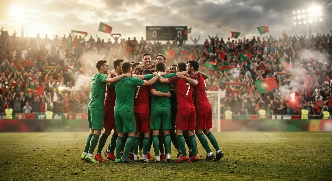 Momento de golo num jogo de futebol com ambiente de liga portuguesa