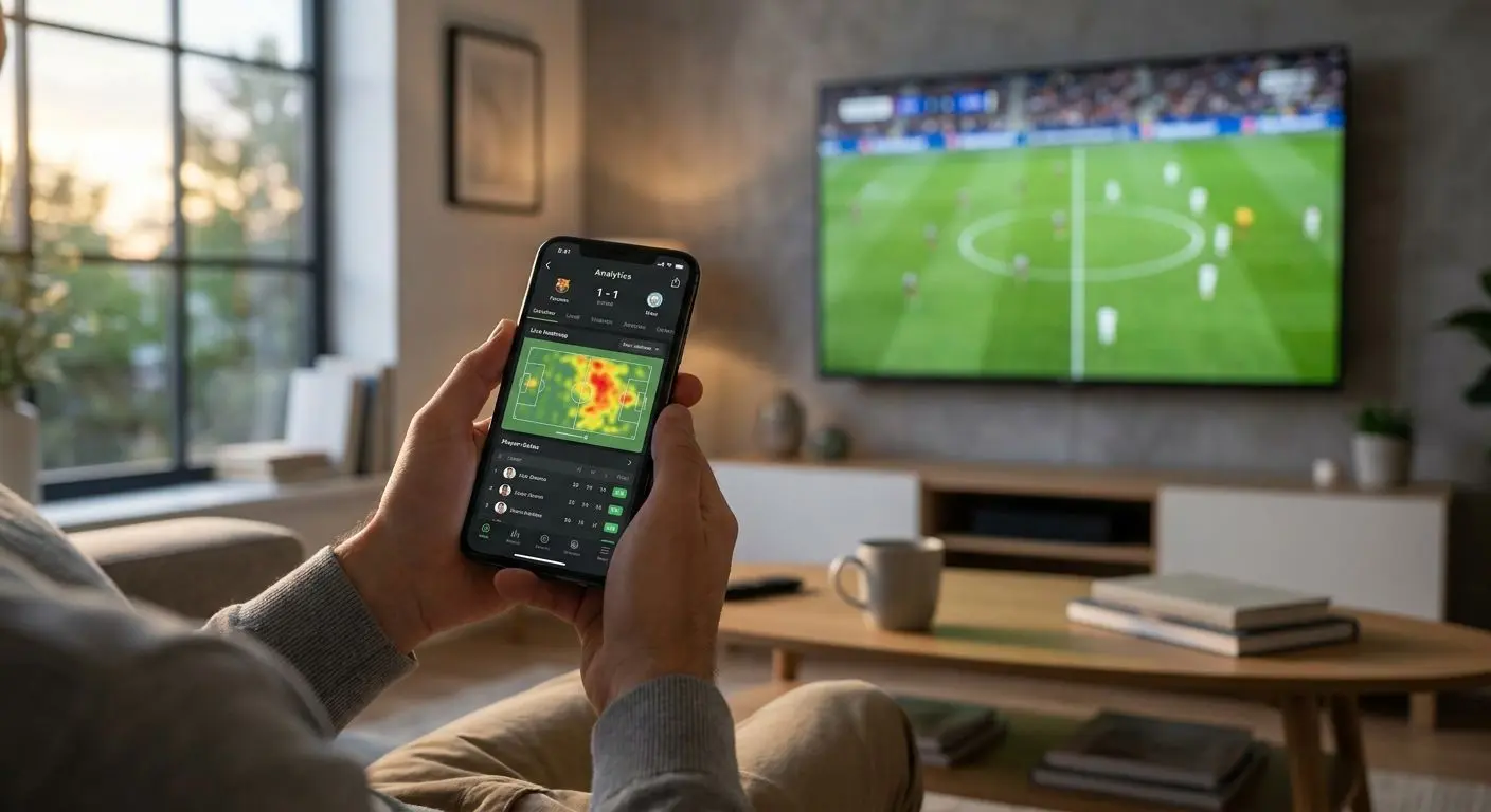 Utilizador com jogo na TV e aplicação desportiva no telemóvel