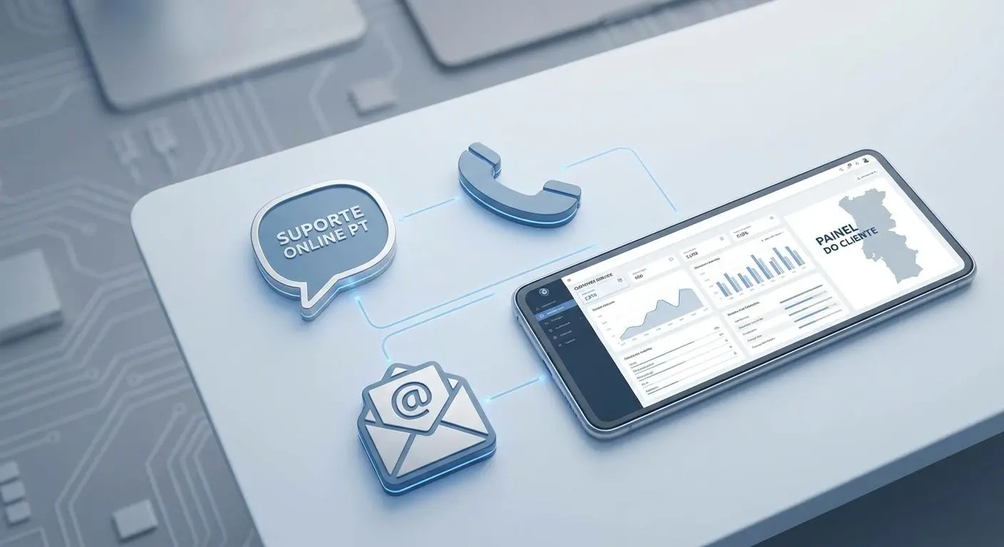 Canais de contacto de suporte Ilustração dos canais de suporte com chat, telefone e email