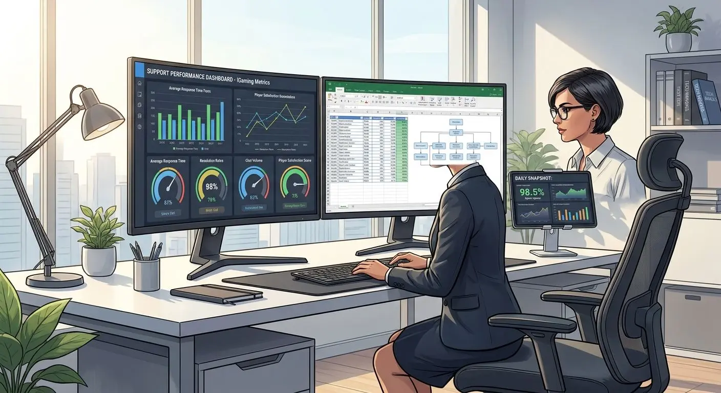 Especialista em suporte iGaming Especialista a analisar dados de suporte num escritório moderno