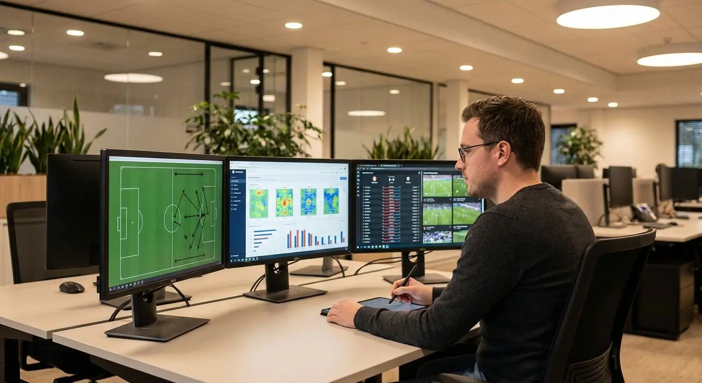 Analista de futebol a estudar dados e transferências Analista fictício de futebol a trabalhar com gráficos no computador