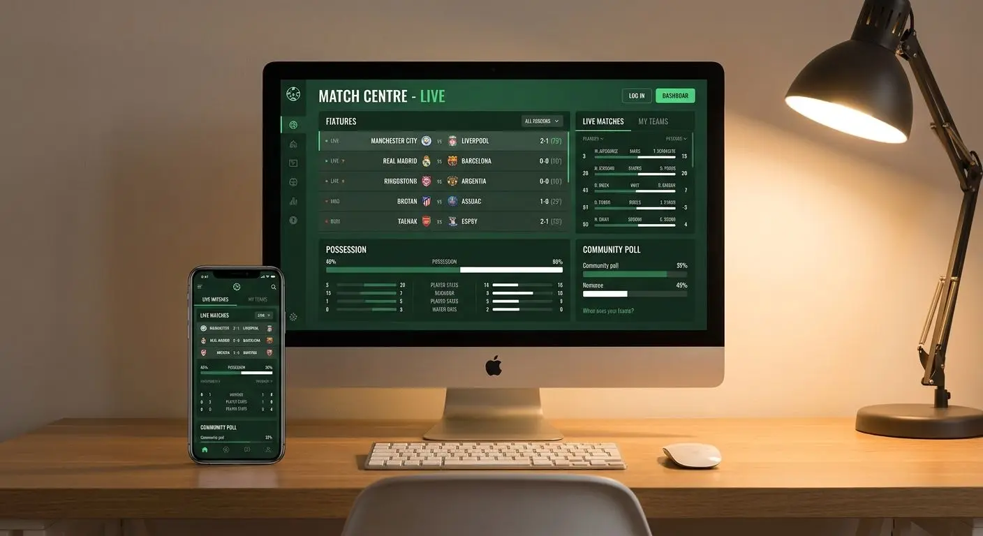Interface de acompanhamento de futebol e jogos online Interface moderna de site ou app focada em futebol com lista de jogos