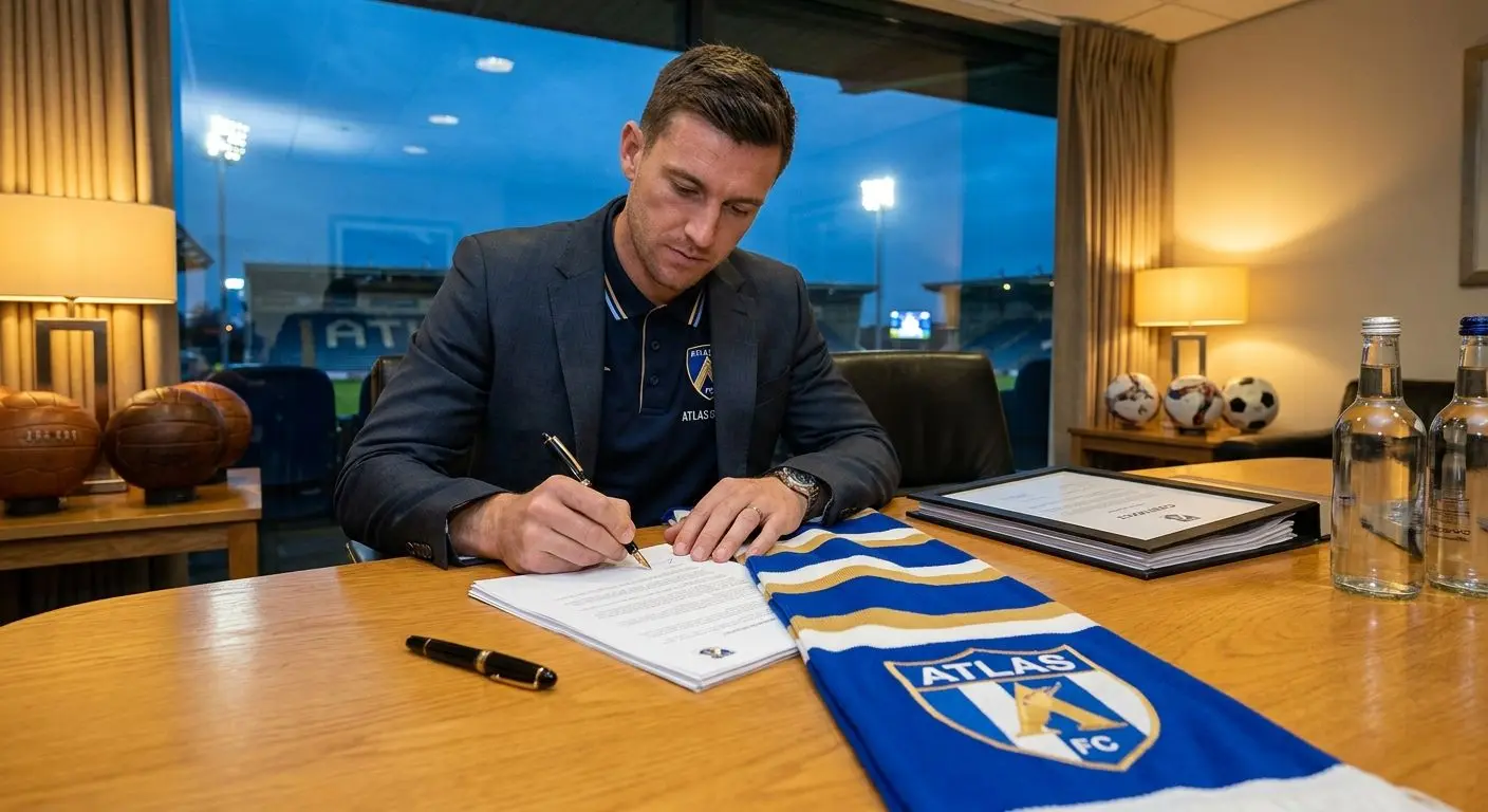Assinatura de contrato numa transferência de futebol Jogador fictício a assinar contrato com novo clube num estádio