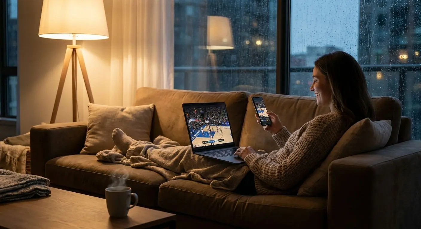 Ver jogos online em casa com conforto Utilizador a ver jogo online em portátil e smartphone em casa